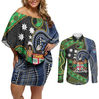 South Sea Islanders And Fiji Couples Matching Off Shoulder Short Dress and Long Sleeve Button Shirt Fijian Coat Of Arms And Southern Cross DT05 Black - Polynesian Pride