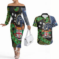 South Sea Islanders And Fiji Couples Matching Off The Shoulder Long Sleeve Dress and Hawaiian Shirt Fijian Coat Of Arms And Southern Cross DT05 Black - Polynesian Pride