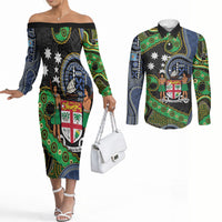 South Sea Islanders And Fiji Couples Matching Off The Shoulder Long Sleeve Dress and Long Sleeve Button Shirt Fijian Coat Of Arms And Southern Cross DT05 Black - Polynesian Pride