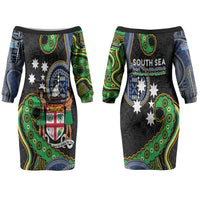 South Sea Islanders And Fiji Couples Matching Off The Shoulder Long Sleeve Dress and Long Sleeve Button Shirt Fijian Coat Of Arms And Southern Cross DT05 - Polynesian Pride