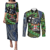 South Sea Islanders And Fiji Couples Matching Puletasi and Long Sleeve Button Shirt Fijian Coat Of Arms And Southern Cross DT05 Black - Polynesian Pride