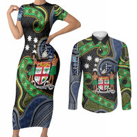 South Sea Islanders And Fiji Couples Matching Short Sleeve Bodycon Dress and Long Sleeve Button Shirt Fijian Coat Of Arms And Southern Cross DT05 Black - Polynesian Pride