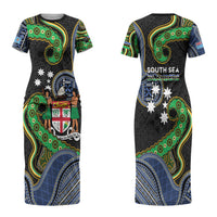 South Sea Islanders And Fiji Couples Matching Short Sleeve Bodycon Dress and Long Sleeve Button Shirt Fijian Coat Of Arms And Southern Cross DT05 - Polynesian Pride
