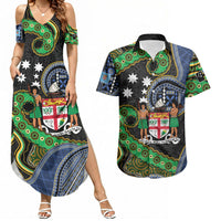 South Sea Islanders And Fiji Couples Matching Summer Maxi Dress and Hawaiian Shirt Fijian Coat Of Arms And Southern Cross DT05 Black - Polynesian Pride