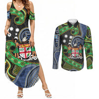 South Sea Islanders And Fiji Couples Matching Summer Maxi Dress and Long Sleeve Button Shirt Fijian Coat Of Arms And Southern Cross DT05 Black - Polynesian Pride