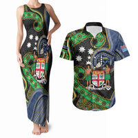 South Sea Islanders And Fiji Couples Matching Tank Maxi Dress and Hawaiian Shirt Fijian Coat Of Arms And Southern Cross DT05 Black - Polynesian Pride