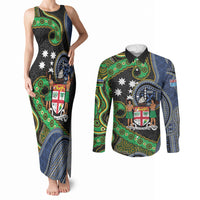 South Sea Islanders And Fiji Couples Matching Tank Maxi Dress and Long Sleeve Button Shirt Fijian Coat Of Arms And Southern Cross DT05 Black - Polynesian Pride