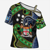 South Sea Islanders And Fiji Cross Shoulder Shirt Fijian Coat Of Arms And Southern Cross DT05 Female Black - Polynesian Pride
