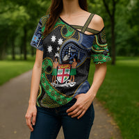 South Sea Islanders And Fiji Cross Shoulder Shirt Fijian Coat Of Arms And Southern Cross DT05 - Polynesian Pride