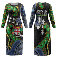 South Sea Islanders And Fiji Family Matching Long Sleeve Bodycon Dress and Hawaiian Shirt Fijian Coat Of Arms And Southern Cross DT05 Mom's Dress Black - Polynesian Pride
