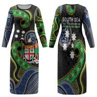South Sea Islanders And Fiji Family Matching Long Sleeve Bodycon Dress and Hawaiian Shirt Fijian Coat Of Arms And Southern Cross DT05 Mom's Dress Black - Polynesian Pride