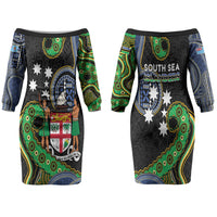 South Sea Islanders And Fiji Family Matching Off The Shoulder Long Sleeve Dress and Hawaiian Shirt Fijian Coat Of Arms And Southern Cross DT05 Mom's Dress Black - Polynesian Pride