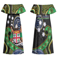 South Sea Islanders And Fiji Family Matching Off Shoulder Maxi Dress and Hawaiian Shirt Fijian Coat Of Arms And Southern Cross DT05 Mom's Dress Black - Polynesian Pride