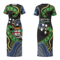South Sea Islanders And Fiji Family Matching Short Sleeve Bodycon Dress and Hawaiian Shirt Fijian Coat Of Arms And Southern Cross DT05 Mom's Dress Black - Polynesian Pride