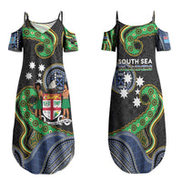 South Sea Islanders And Fiji Family Matching Summer Maxi Dress and Hawaiian Shirt Fijian Coat Of Arms And Southern Cross DT05 Mom's Dress Black - Polynesian Pride