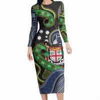 South Sea Islanders And Fiji Long Sleeve Bodycon Dress Fijian Coat Of Arms And Southern Cross DT05 Long Dress Black - Polynesian Pride