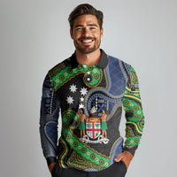 South Sea Islanders And Fiji Long Sleeve Polo Shirt Fijian Coat Of Arms And Southern Cross DT05 - Polynesian Pride