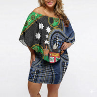 South Sea Islanders And Fiji Off Shoulder Short Dress Fijian Coat Of Arms And Southern Cross DT05 Women Black - Polynesian Pride