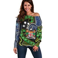 South Sea Islanders And Fiji Off Shoulder Sweater Fijian Coat Of Arms And Southern Cross DT05 Women Black - Polynesian Pride