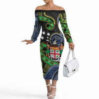 South Sea Islanders And Fiji Off The Shoulder Long Sleeve Dress Fijian Coat Of Arms And Southern Cross DT05 Women Black - Polynesian Pride