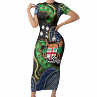 South Sea Islanders And Fiji Short Sleeve Bodycon Dress Fijian Coat Of Arms And Southern Cross DT05 Long Dress Black - Polynesian Pride