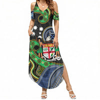 South Sea Islanders And Fiji Summer Maxi Dress Fijian Coat Of Arms And Southern Cross DT05 Women Black - Polynesian Pride