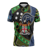 South Sea Islanders And Fiji Zipper Polo Shirt Fijian Coat Of Arms And Southern Cross DT05 Black - Polynesian Pride