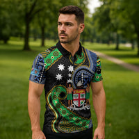 South Sea Islanders And Fiji Zipper Polo Shirt Fijian Coat Of Arms And Southern Cross DT05 - Polynesian Pride