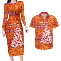 French Polynesia Christmas Couples Matching Long Sleeve Bodycon Dress and Hawaiian Shirt Seashell Xmas Tree Tribal Waves DT05 Orange - Polynesian Pride