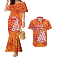 French Polynesia Christmas Couples Matching Mermaid Dress and Hawaiian Shirt Seashell Xmas Tree Tribal Waves DT05 Orange - Polynesian Pride