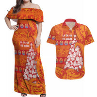 French Polynesia Christmas Couples Matching Off Shoulder Maxi Dress and Hawaiian Shirt Seashell Xmas Tree Tribal Waves DT05 Orange - Polynesian Pride