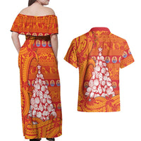 French Polynesia Christmas Couples Matching Off Shoulder Maxi Dress and Hawaiian Shirt Seashell Xmas Tree Tribal Waves DT05 - Polynesian Pride