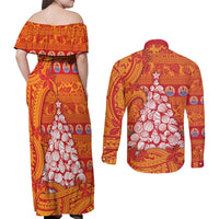 French Polynesia Christmas Couples Matching Off Shoulder Maxi Dress and Long Sleeve Button Shirt Seashell Xmas Tree Tribal Waves DT05 - Polynesian Pride