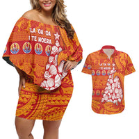 French Polynesia Christmas Couples Matching Off Shoulder Short Dress and Hawaiian Shirt Seashell Xmas Tree Tribal Waves DT05 Orange - Polynesian Pride
