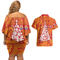 French Polynesia Christmas Couples Matching Off Shoulder Short Dress and Hawaiian Shirt Seashell Xmas Tree Tribal Waves DT05 - Polynesian Pride
