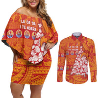 French Polynesia Christmas Couples Matching Off Shoulder Short Dress and Long Sleeve Button Shirt Seashell Xmas Tree Tribal Waves DT05 Orange - Polynesian Pride