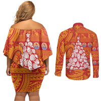 French Polynesia Christmas Couples Matching Off Shoulder Short Dress and Long Sleeve Button Shirt Seashell Xmas Tree Tribal Waves DT05 - Polynesian Pride