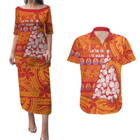 French Polynesia Christmas Couples Matching Puletasi and Hawaiian Shirt Seashell Xmas Tree Tribal Waves DT05 Orange - Polynesian Pride