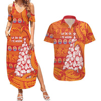 French Polynesia Christmas Couples Matching Summer Maxi Dress and Hawaiian Shirt Seashell Xmas Tree Tribal Waves DT05 Orange - Polynesian Pride