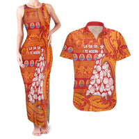 French Polynesia Christmas Couples Matching Tank Maxi Dress and Hawaiian Shirt Seashell Xmas Tree Tribal Waves DT05 Orange - Polynesian Pride