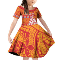 French Polynesia Christmas Family Matching Off Shoulder Short Dress and Hawaiian Shirt Seashell Xmas Tree Tribal Waves DT05 Daughter's Dress Orange - Polynesian Pride