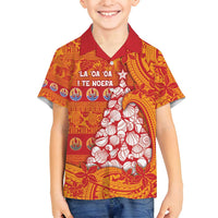 French Polynesia Christmas Family Matching Off Shoulder Short Dress and Hawaiian Shirt Seashell Xmas Tree Tribal Waves DT05 Son's Shirt Orange - Polynesian Pride