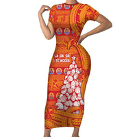 French Polynesia Christmas Family Matching Short Sleeve Bodycon Dress and Hawaiian Shirt Seashell Xmas Tree Tribal Waves - Polynesian Pride