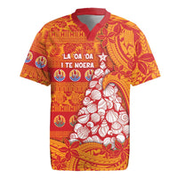 French Polynesia Christmas Rugby Jersey Seashell Xmas Tree Tribal Waves DT05 Orange - Polynesian Pride
