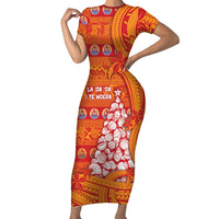 French Polynesia Christmas Short Sleeve Bodycon Dress Seashell Xmas Tree Tribal Waves DT05 Long Dress Orange - Polynesian Pride