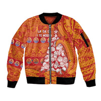 French Polynesia Christmas Sleeve Zip Bomber Jacket Seashell Xmas Tree Tribal Waves DT05 Unisex Orange - Polynesian Pride