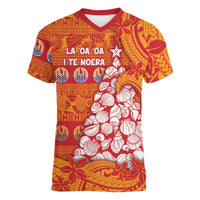 French Polynesia Christmas Women V-Neck T-Shirt Seashell Xmas Tree Tribal Waves DT05 Female Orange - Polynesian Pride