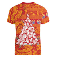 French Polynesia Christmas Women V-Neck T-Shirt Seashell Xmas Tree Tribal Waves DT05 - Polynesian Pride