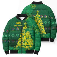 Cook Islands Christmas Bomber Puffer Jacket Seashell Xmas Tree Tribal Waves - Polynesian Pride