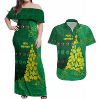 Cook Islands Christmas Couples Matching Off Shoulder Maxi Dress and Hawaiian Shirt Seashell Xmas Tree Tribal Waves - Polynesian Pride